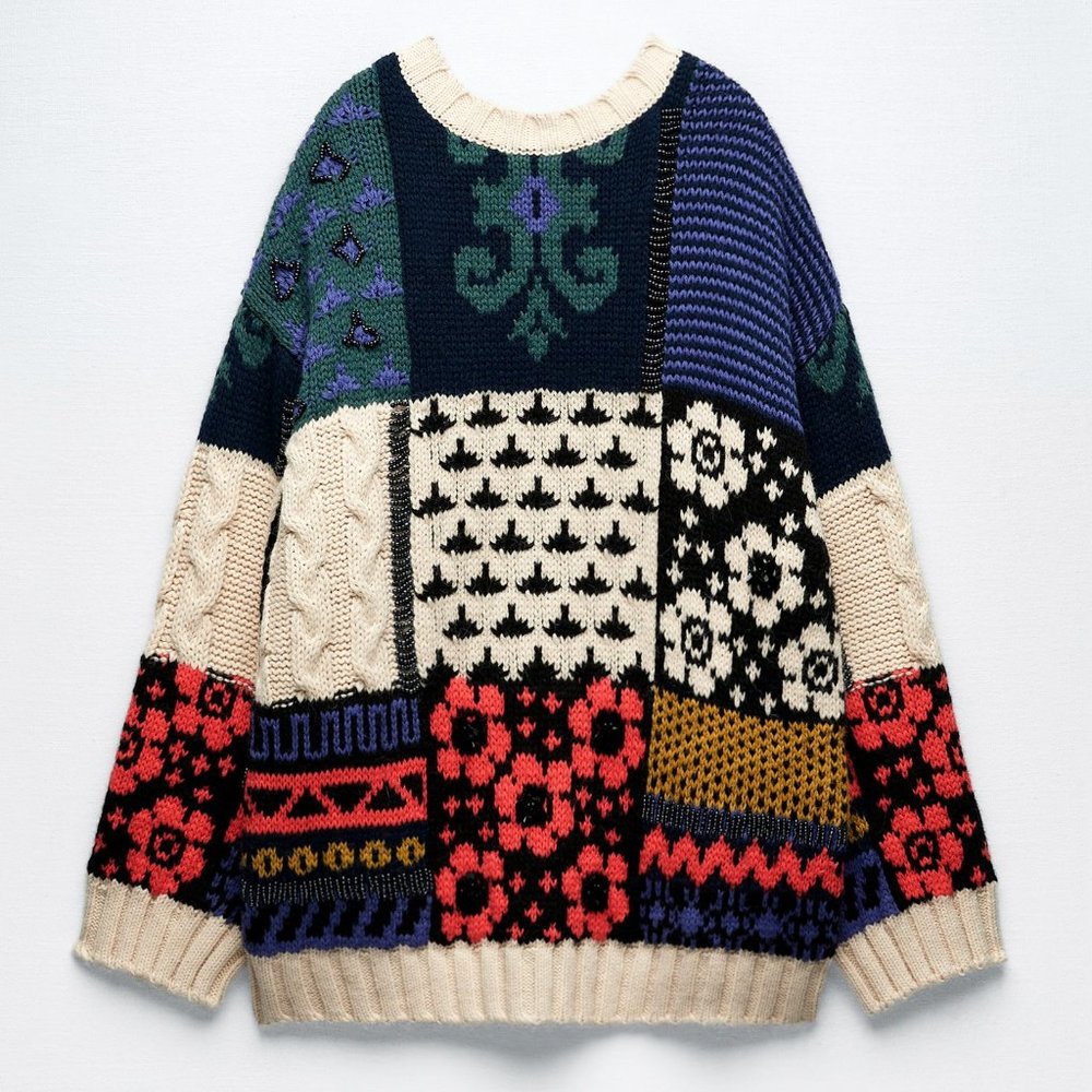 NEW Zara Patchwork Wool Blend Beaded Applique Oversize Limited Edition Sweater M - Picture 7 of 16
